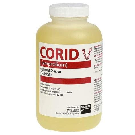 A sixteen-ounce bottle of Corid 9.6 percent oral solution for the treatment of bovine coccidiosis.