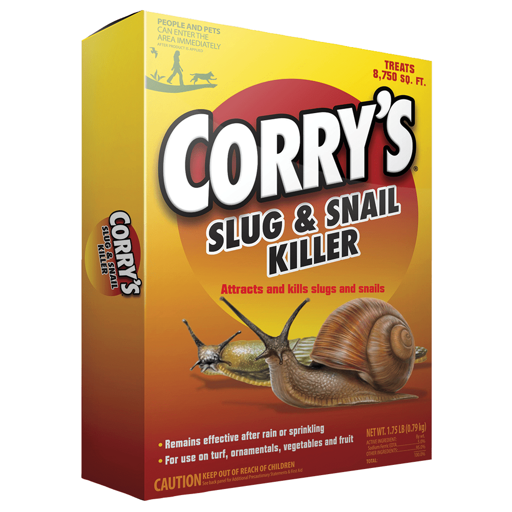 A box of Corry's Slug and Snail Killer featuring an illustration of a snail and a slug.