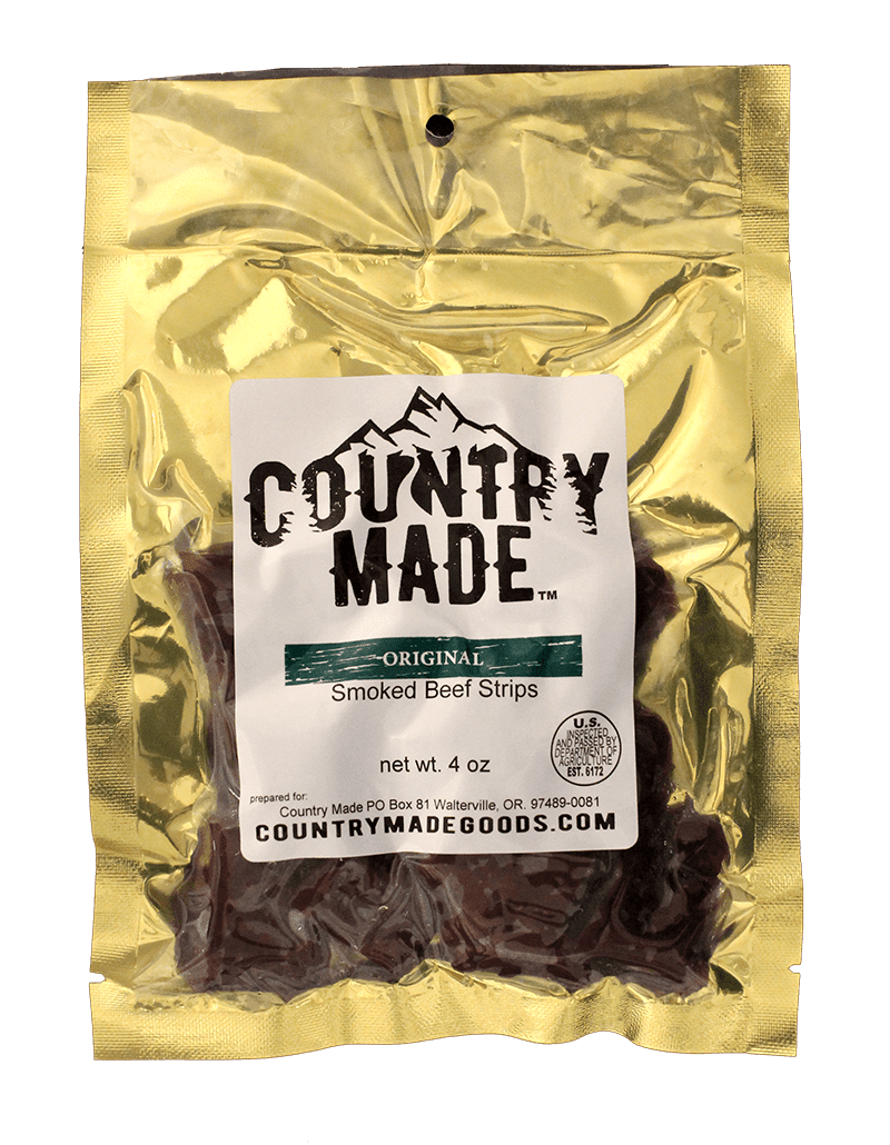 A four-ounce gold bag of Country Made Original Smoked Beef Strips.