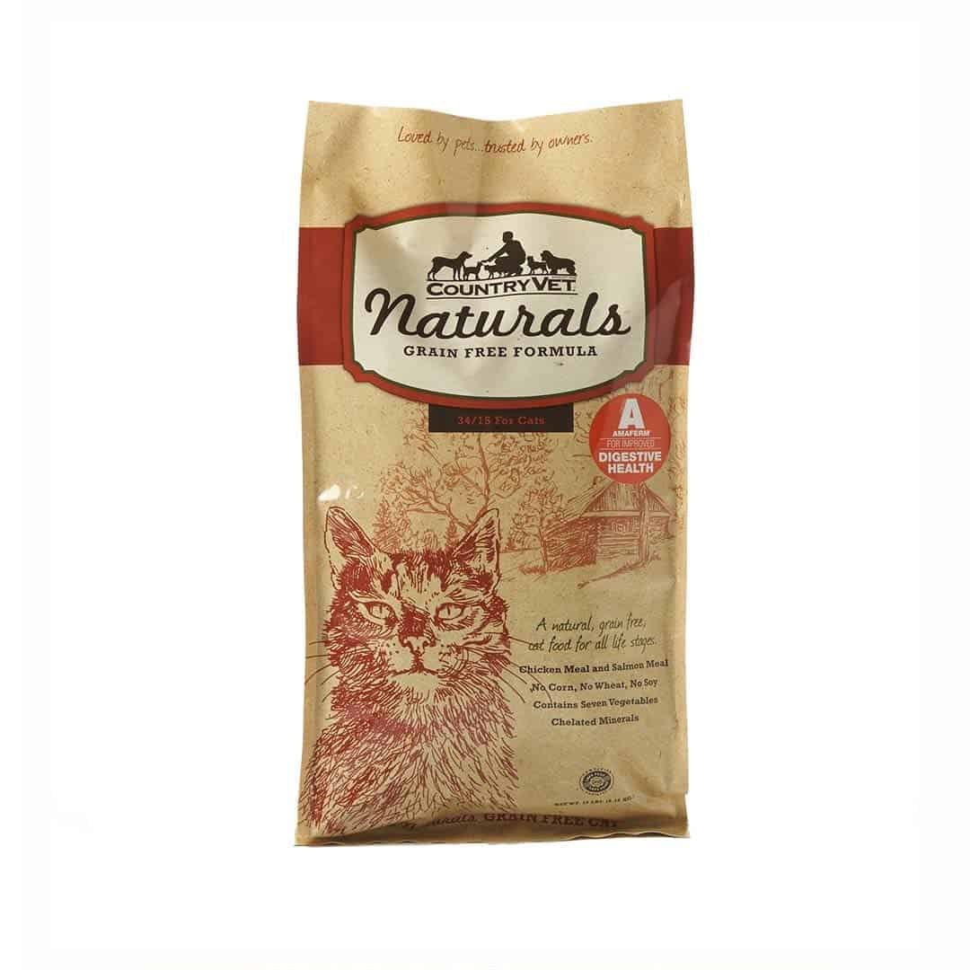 A bag of Country Vet Naturals grain-free dry cat food featuring a cat illustration.