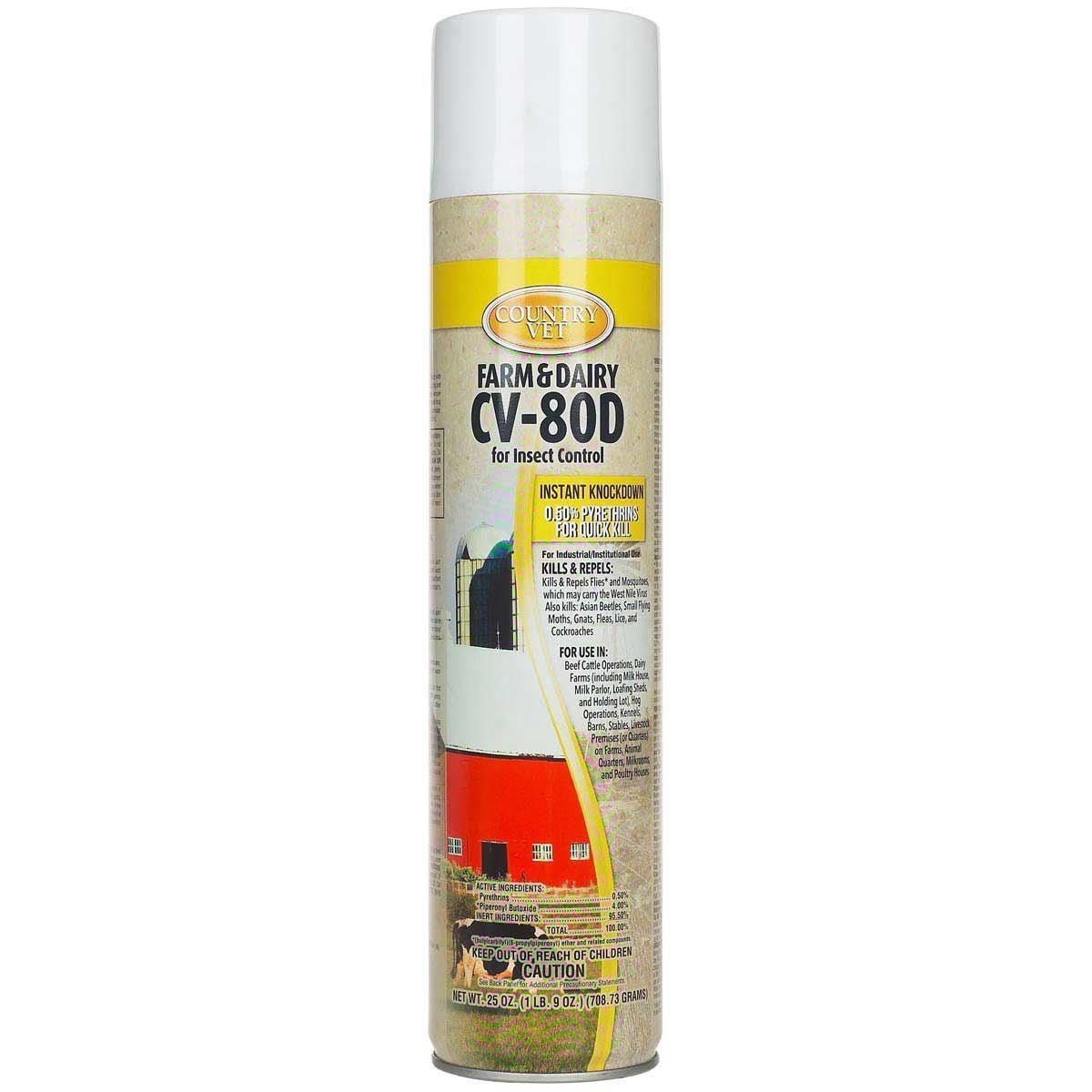 A 25-ounce aerosol can of Country Vet CV-80D insect control spray for farm and dairy use.