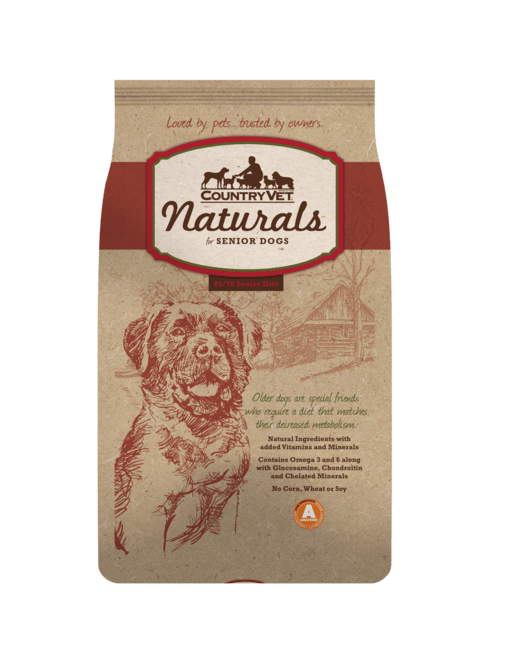 A bag of Country Vet Naturals senior dog food featuring an illustration of a dog and a cabin.