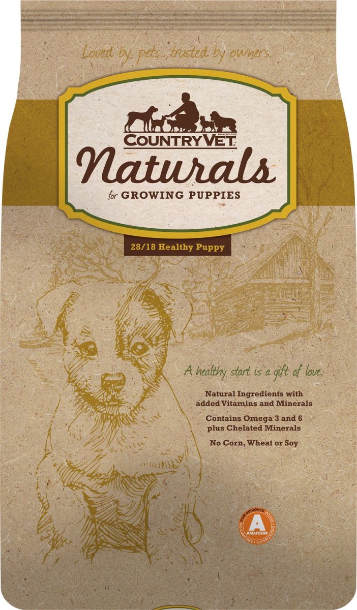 A bag of Country Vet Naturals Healthy Puppy 28/18 dog food with an illustration of a puppy.