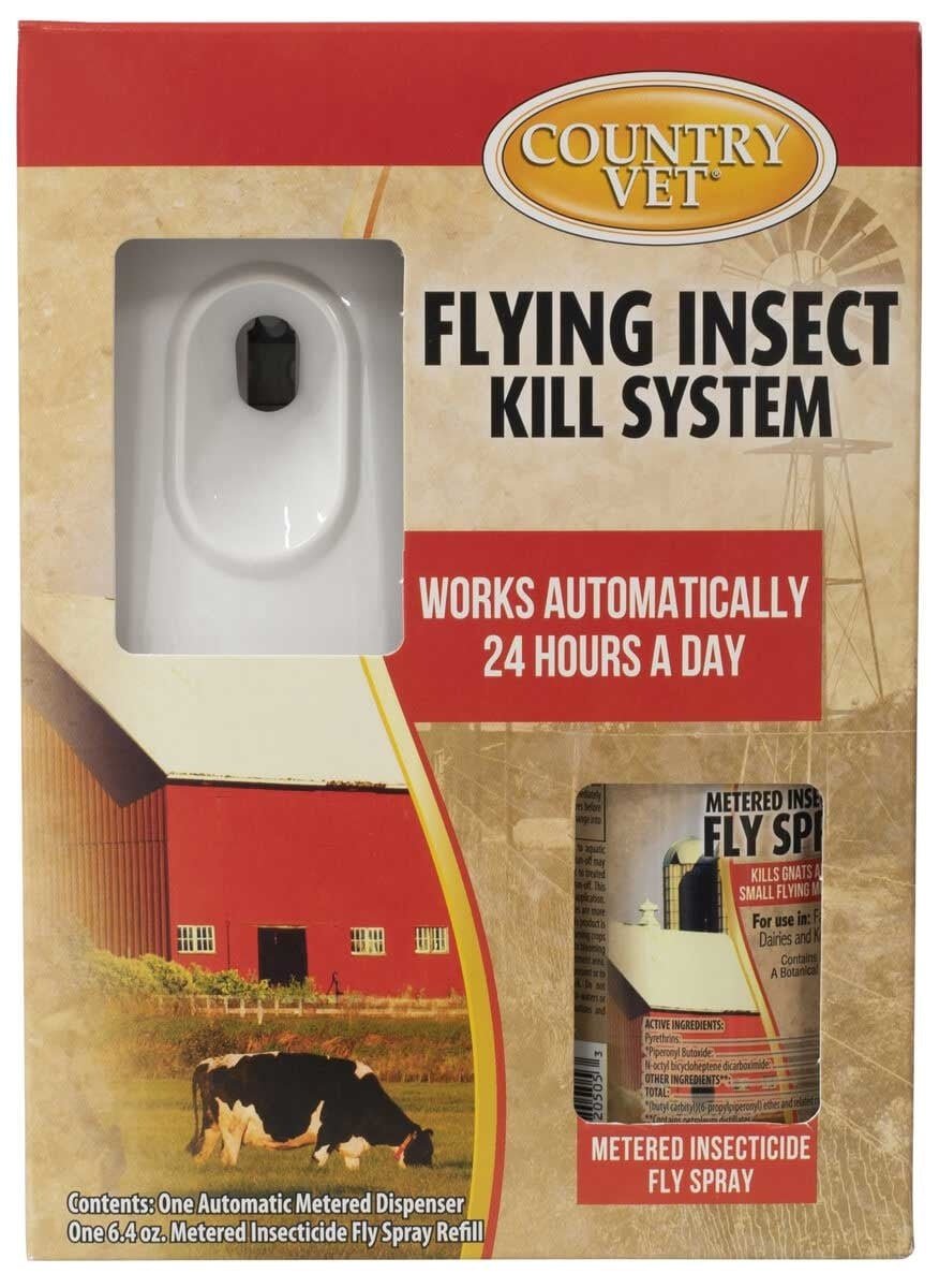 Country Vet automatic flying insect kill system with a dispenser and a refill spray can.