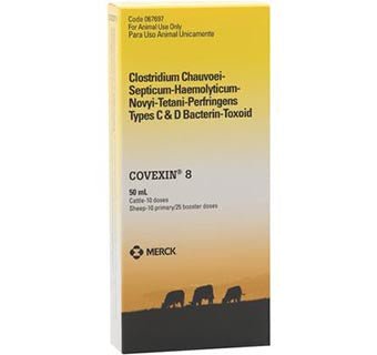 A 50 ml bottle of Covexin 8 vaccine for cattle and sheep by Merck.