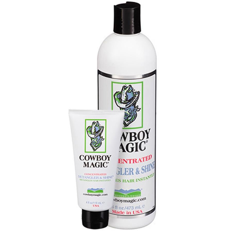 A tube and a bottle of Cowboy Magic Detangler and Shine hair product.