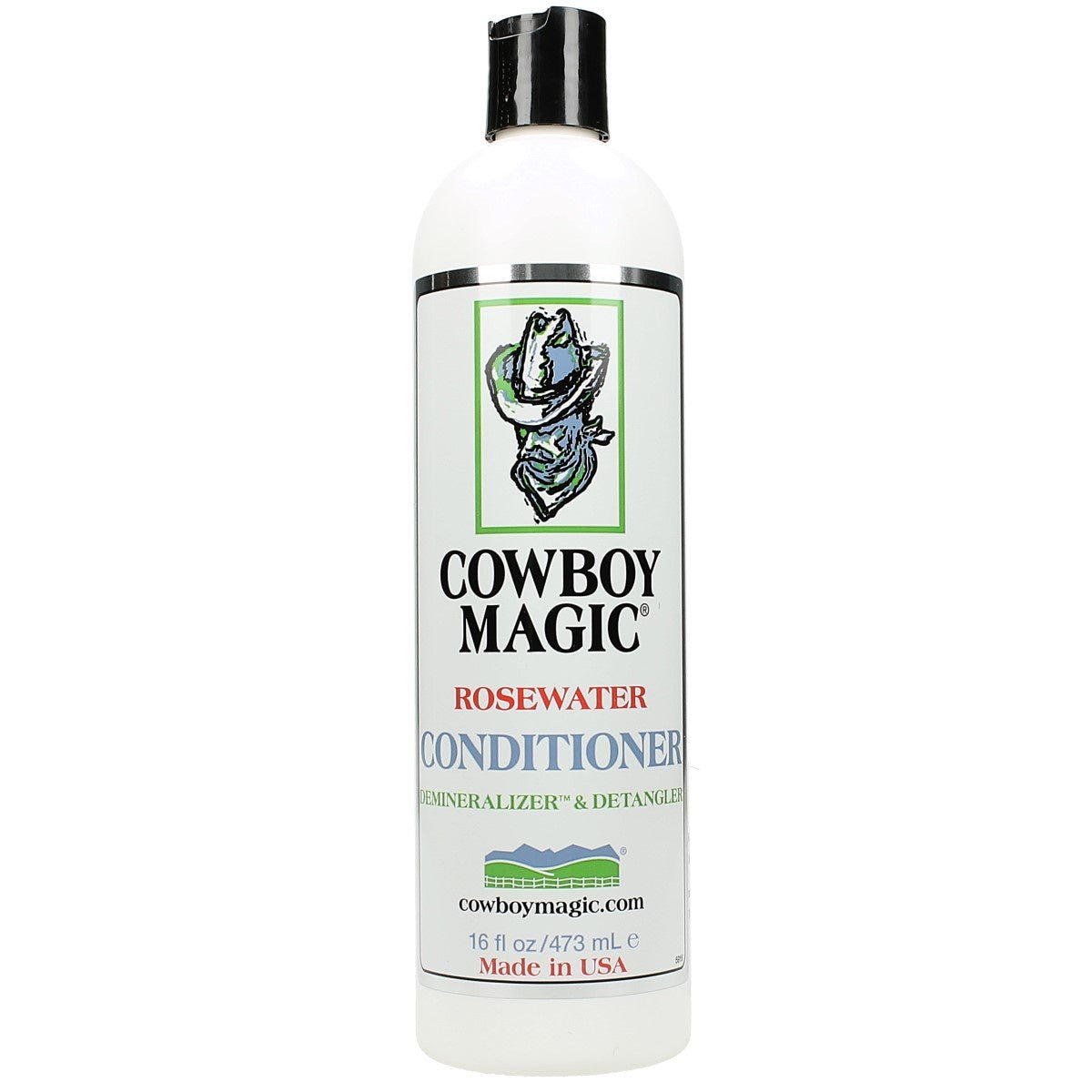 A 16-ounce bottle of Cowboy Magic Rosewater Conditioner with a black flip-top cap.