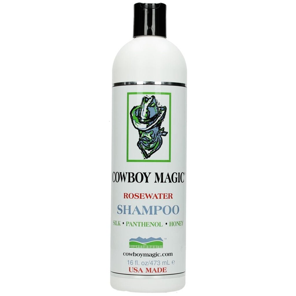 A 16-ounce bottle of Cowboy Magic Rosewater Shampoo with a black cap on a white background.