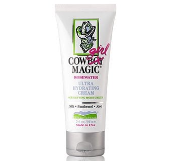 A 3.4 ounce tube of Cowgirl Magic Rosewater Ultra Hydrating Cream with a white and green label.
