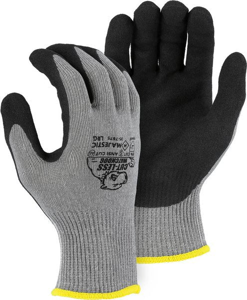 A pair of grey knit work gloves with black sandy nitrile palm coatings and yellow cuffs.