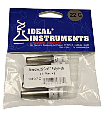 A five pack of 22 gauge by 1 inch poly hub needles in a clear plastic retail package.