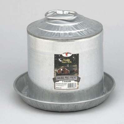 A two-gallon galvanized steel poultry waterer with a double-wall design and a carrying handle.
