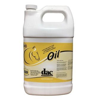 A white plastic jug of dac Oil fat and fatty acid supplement for horses.