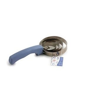 A reversible four-ring spiral curry comb with a blue handle for grooming horses.