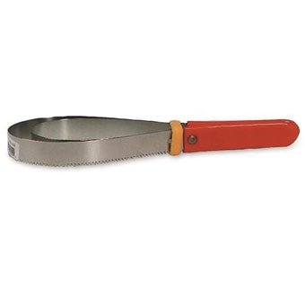 A stainless steel double-bladed shedder scraper with a red vinyl handle.