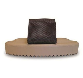 A flexible brown curry comb with a textured surface and a nylon hand strap.
