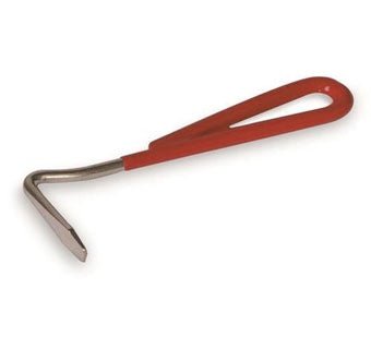 A 5.5-inch hoof pick with a metal hook and a red plastic handle.