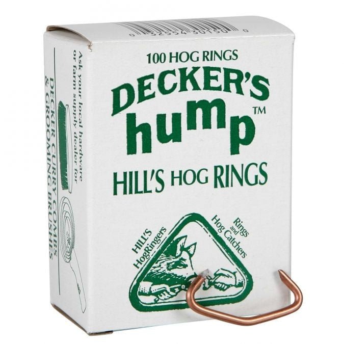 A box of 100 copper hog rings with a center hump for easy closure.