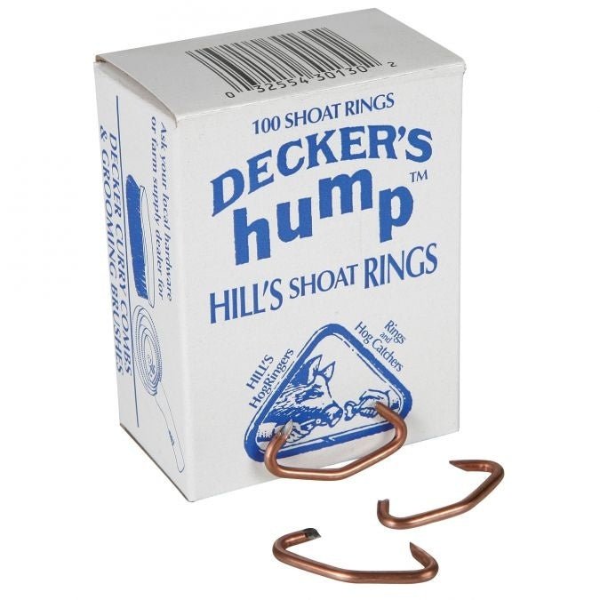 A box of 100 copper shoat rings with a center hump design for easy closing.