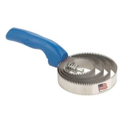 A Decker jumbo curry comb with a blue handle and circular stainless steel blades.