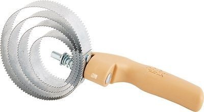 A Decker spiral curry comb with galvanized steel rings and a tan plastic handle.