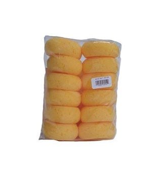A pack of twelve yellow, round sponges designed for cleaning and polishing leather goods.