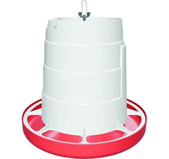 A white plastic hanging poultry feeder with a red feed tray and a metal hanging bracket.