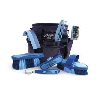 A blue nine-piece equestrian grooming set featuring a matching tote bag and various brushes.