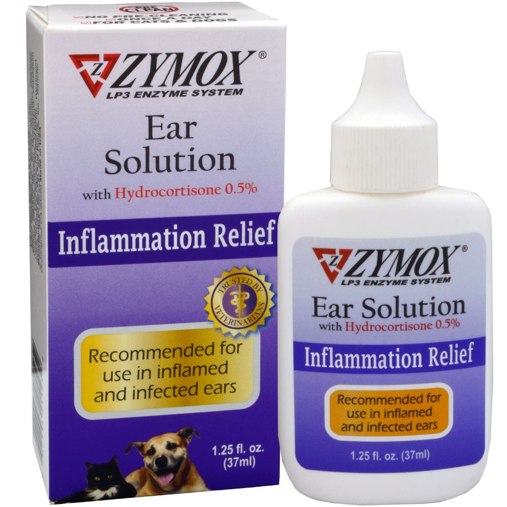 A bottle and box of Zymox Ear Solution with 0.5 percent hydrocortisone for cats and dogs.