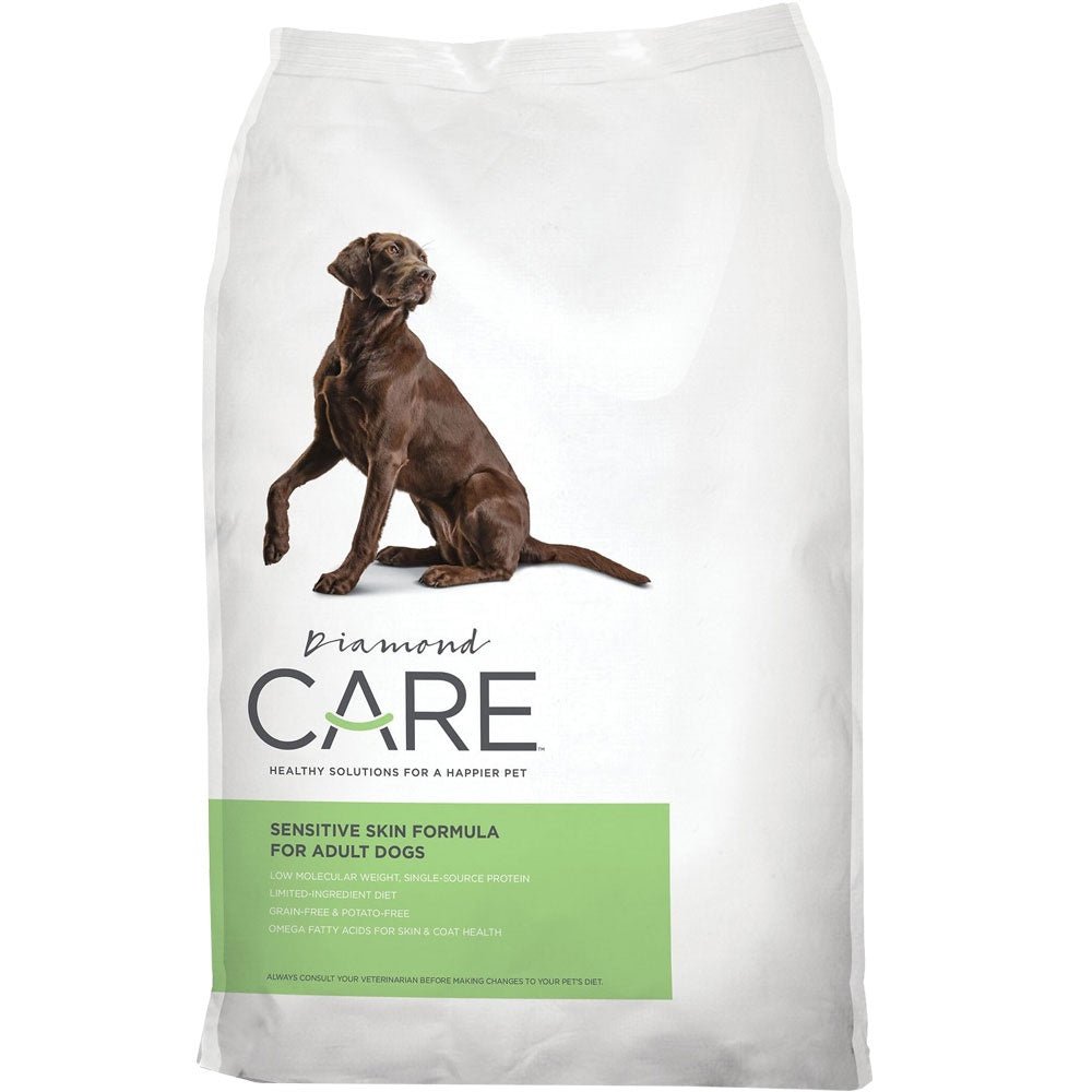 A bag of Diamond Care Sensitive Skin Formula dog food featuring a brown dog on the front.