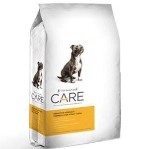A bag of Diamond Care Sensitive Stomach Formula for adult dogs featuring a dog illustration.