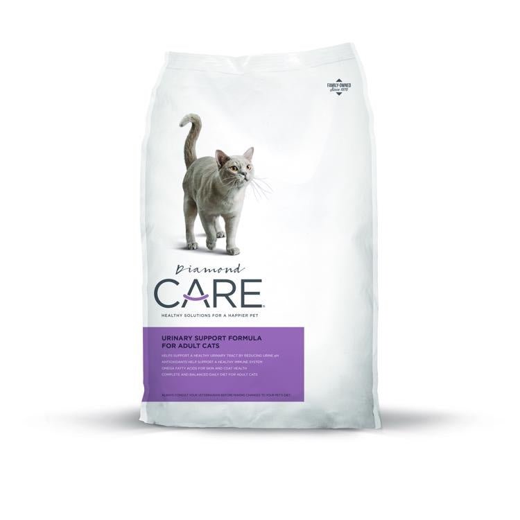 A bag of Diamond Care Urinary Support cat food featuring a grey cat on a white background.