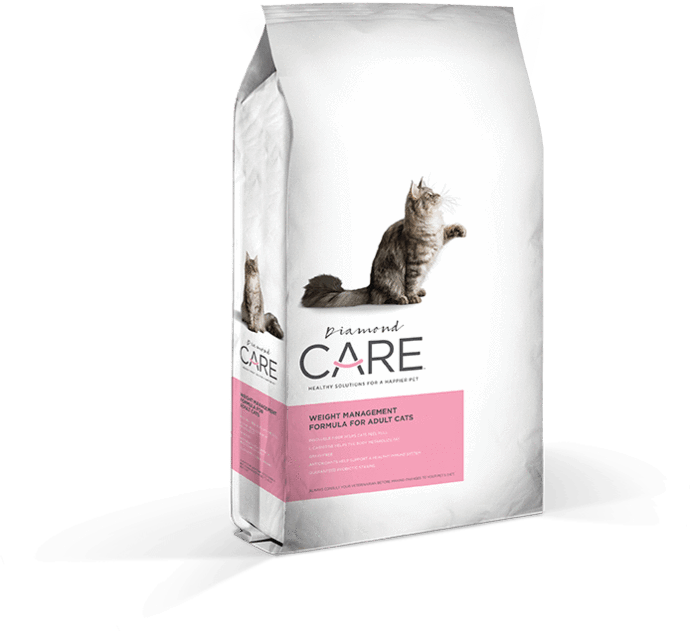 A bag of Diamond Care Weight Management cat food featuring a cat on the front.