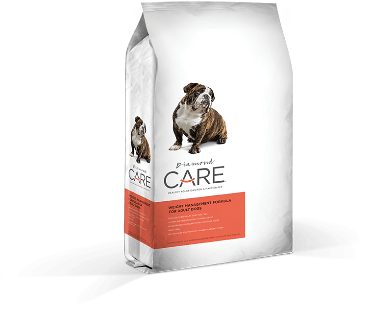 A bag of Diamond Care Weight Management dog food featuring a picture of a bulldog.