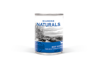 A 13.2-ounce can of Diamond Naturals Beef Dinner for adult dogs and puppies.