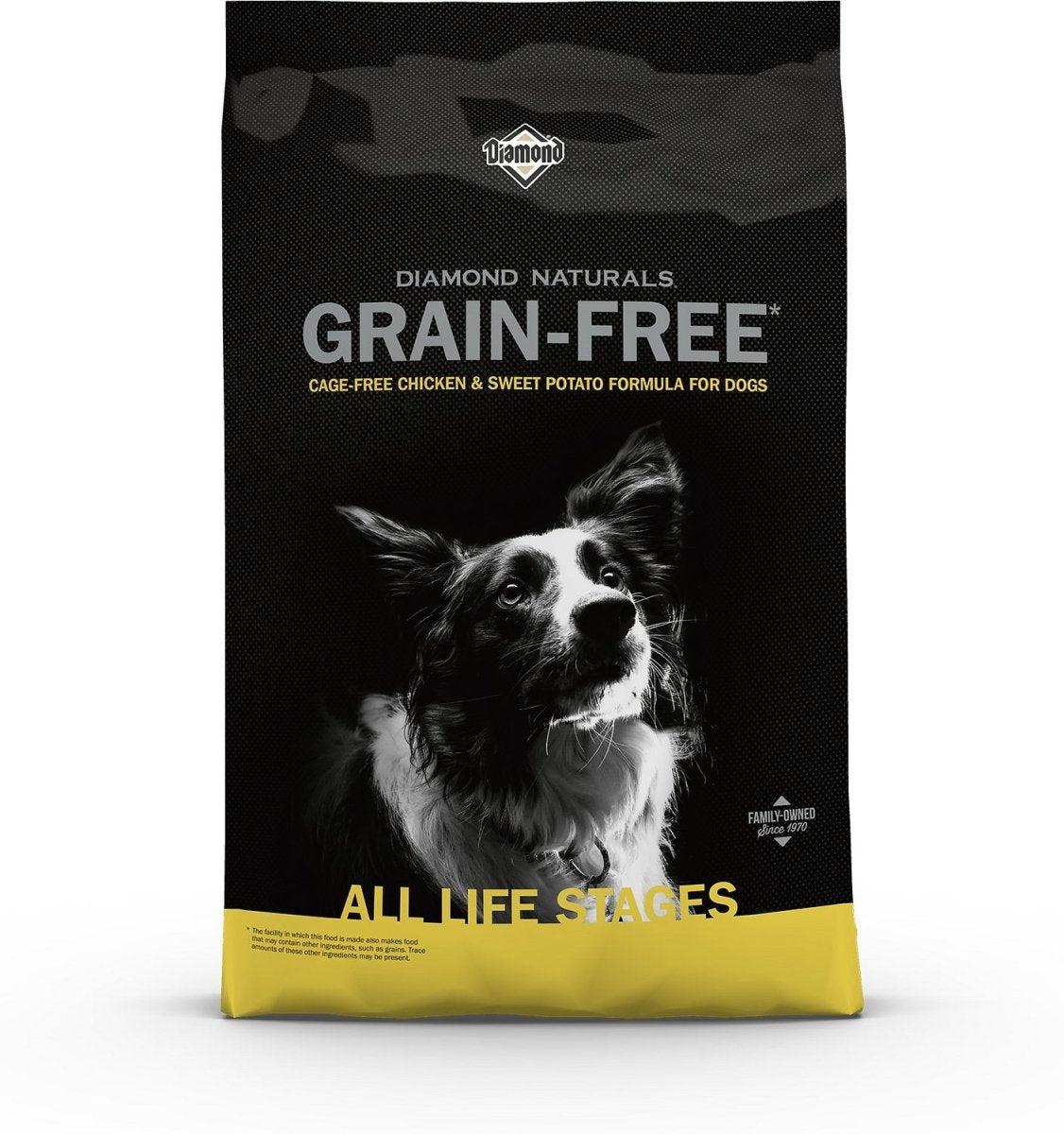A bag of Diamond Naturals grain-free chicken and sweet potato dog food featuring a dog portrait.