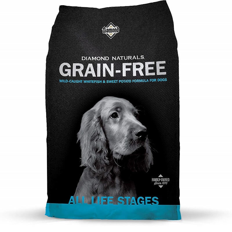 A bag of Diamond Naturals grain-free whitefish and sweet potato dog food for all life stages.