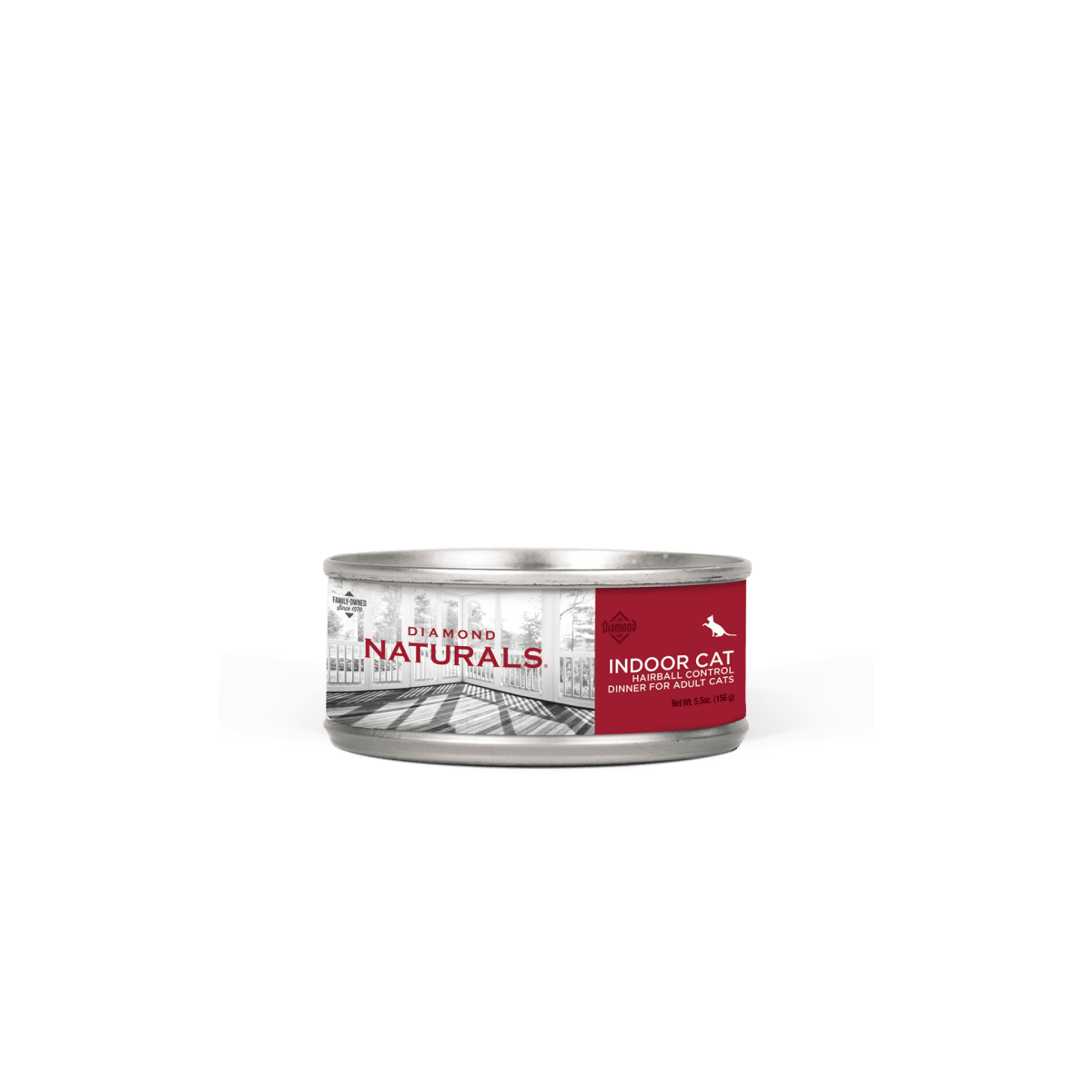 A 5.5-ounce can of Diamond Naturals Indoor Cat hairball control dinner for adult cats.