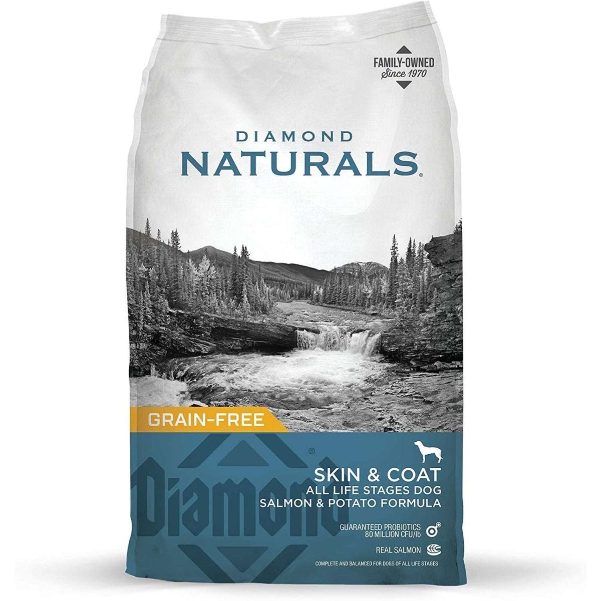 A bag of Diamond Naturals Skin and Coat grain-free salmon and potato dog food.