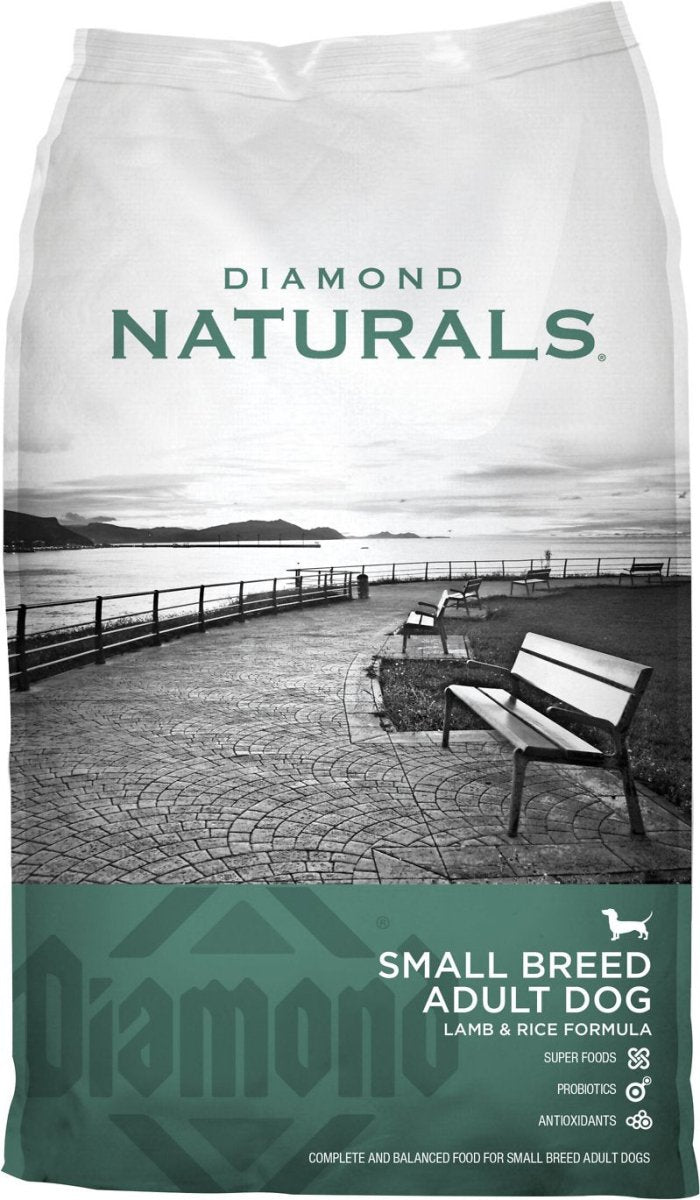 A bag of Diamond Naturals Small Breed Adult Lamb and Rice dog food.