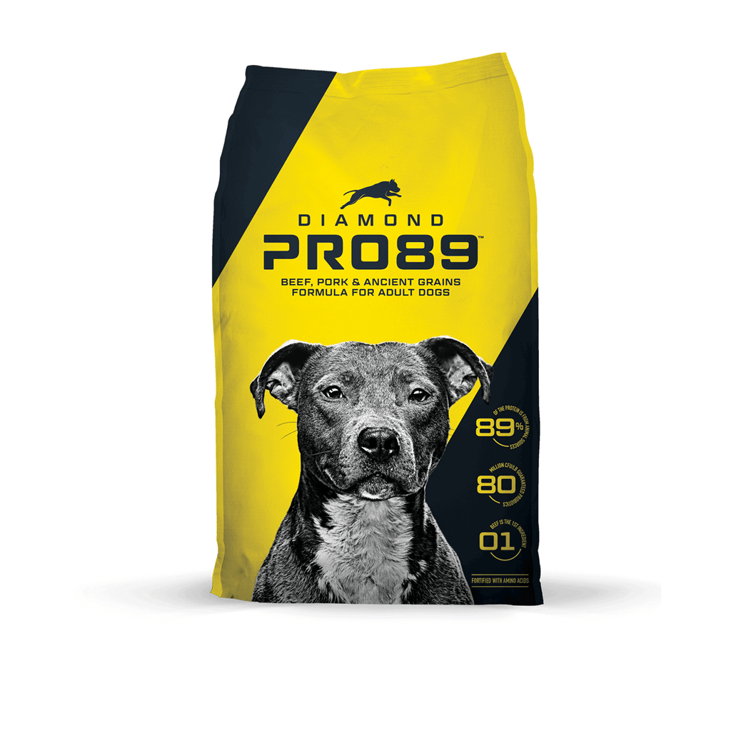 A bag of Diamond Pro89 beef, pork, and ancient grains dog food featuring a portrait of a dog.