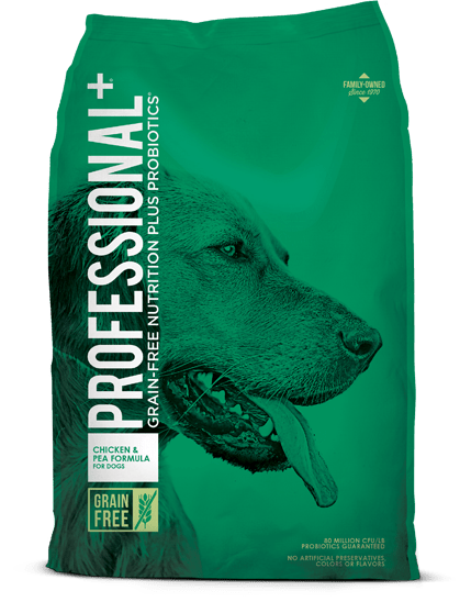 A bag of Diamond Professional+ grain-free chicken dog food featuring a dog on a green background.