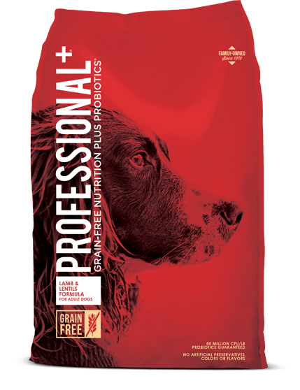 A bag of Diamond Professional+ grain-free lamb dog food featuring a portrait of a dog.