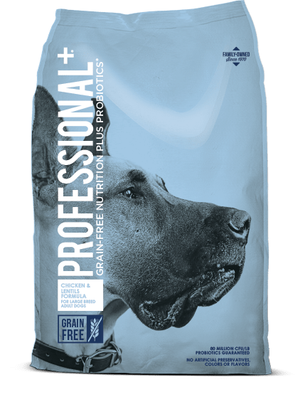 A bag of Diamond Professional+ grain-free dog food for large breeds featuring a dog portrait.