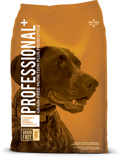 A bag of Diamond Professional+ grain-free senior dog food featuring a picture of a dog.