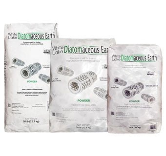 Three bags of White Lake Food Grade Diatomaceous Earth in 50 lb, 30 lb, and 12 lb sizes.