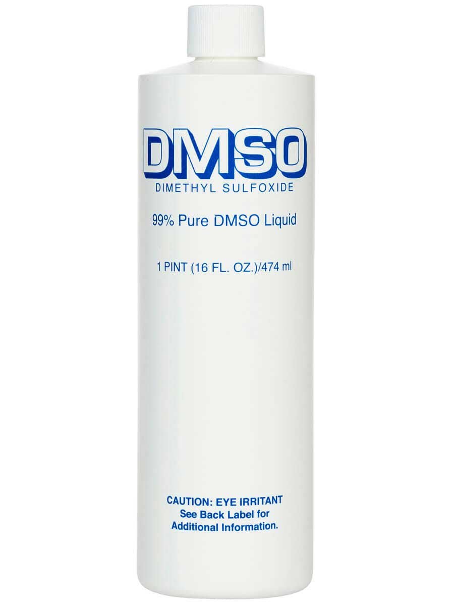 A white plastic bottle of DMSO liquid with a blue label and a white screw cap.