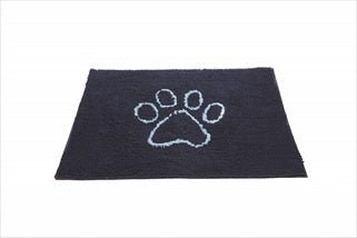 A rectangular dark gray doormat featuring a white paw print design in the center.