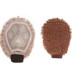 A two-sided grooming mitt for dogs featuring a rubber paw-shaped brush and brown microfiber side.