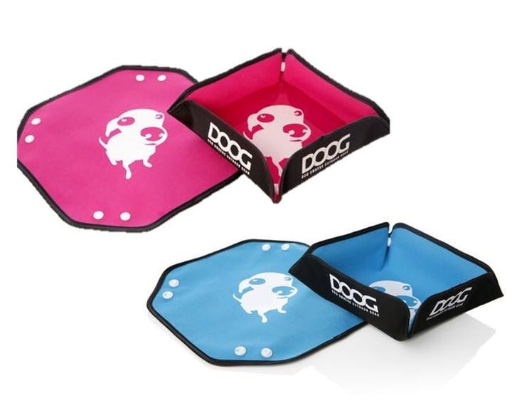 Two Doog foldable water bowls in pink and blue, shown both flat and assembled.